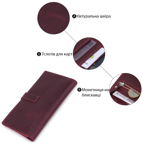 Шкіряне жіноче матове портмоне GRANDE PELLE 11561 Бордовий