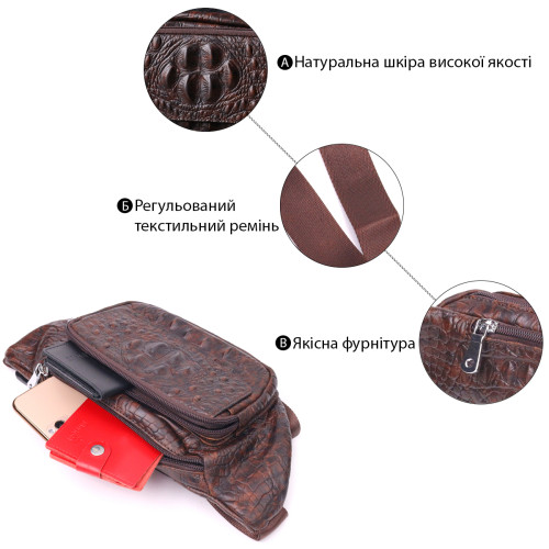 Модна поясна сумка з натуральної шкіри з фактурою під крокодила 21298 Vintage Коричнева