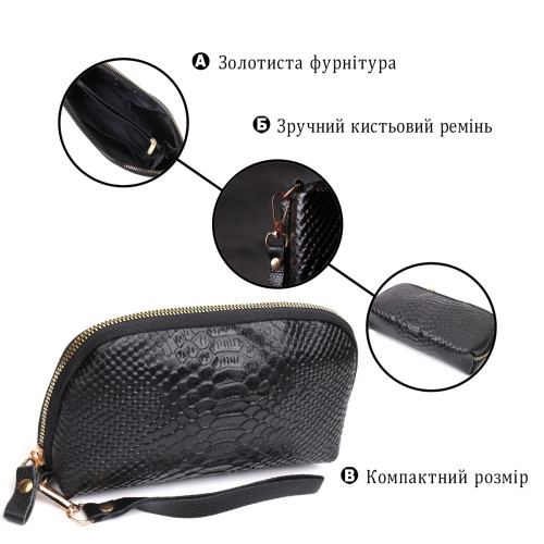 Фактурна жіноча барсетка з натуральної шкіри з тисненням під змію Vintage 22272 Чорний