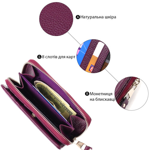 Яркое женское портмоне среднего размера из натуральной зернистой кожи CANPELLINI 21909 Сиреневое