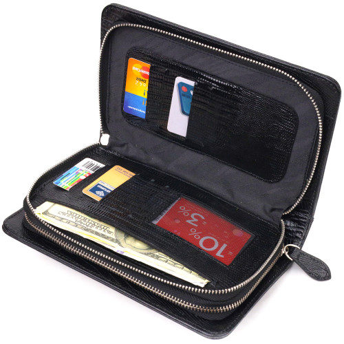 Необычная мужская барсетка на два отделения из натуральной фактурной кожи с тиснением под рептилию CANPELLINI 21571 Черная