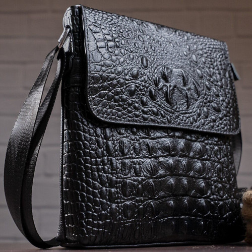 Сумка мужская вертикальная с тиснением под рептилию Vintage 14715 Черная